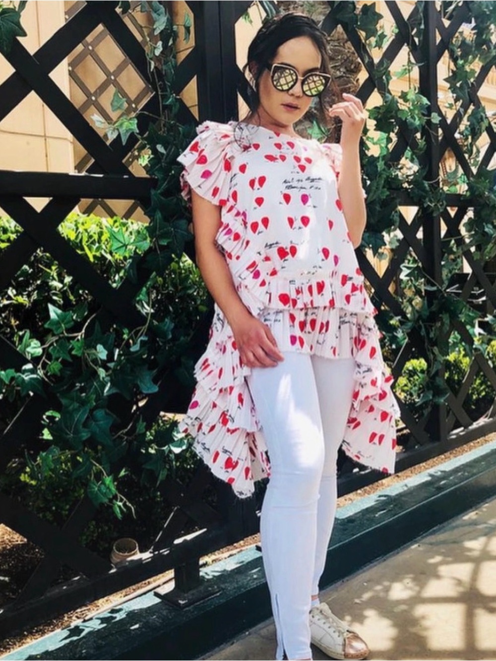 fab'rik White Tunic Top with Red Heart Print and Ruffles
